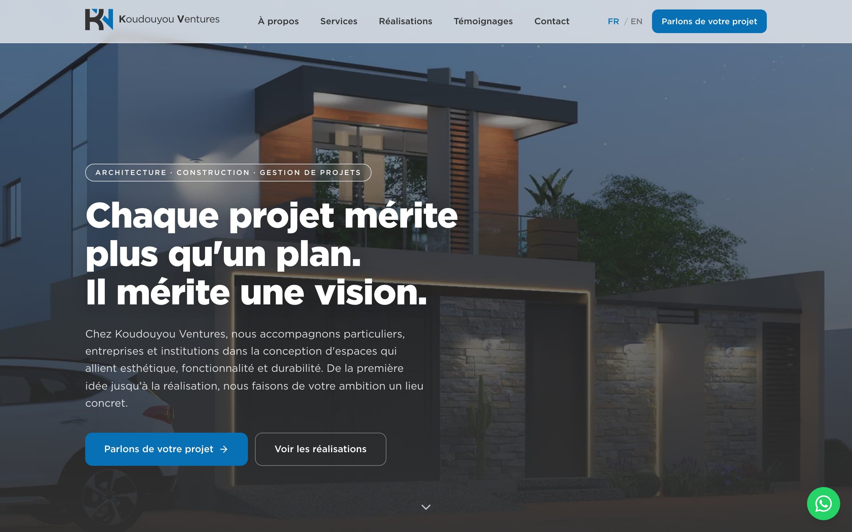 Page d'accueil de Koudouyou Ventures : rendu 3D d'une villa contemporaine et accroche « Chaque projet mérite plus qu'un plan »